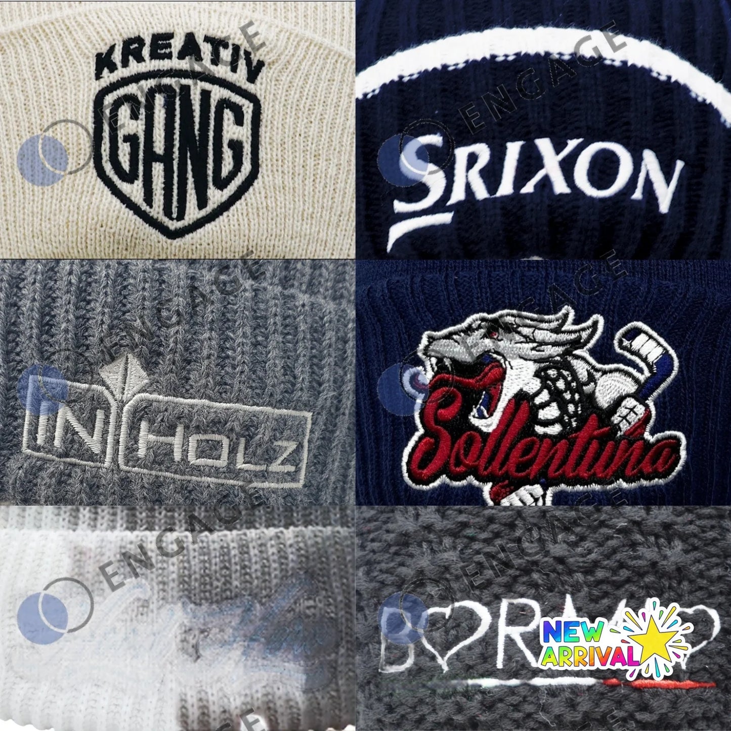 White knit beanie with Kreativ Gang logo and black text on cream background