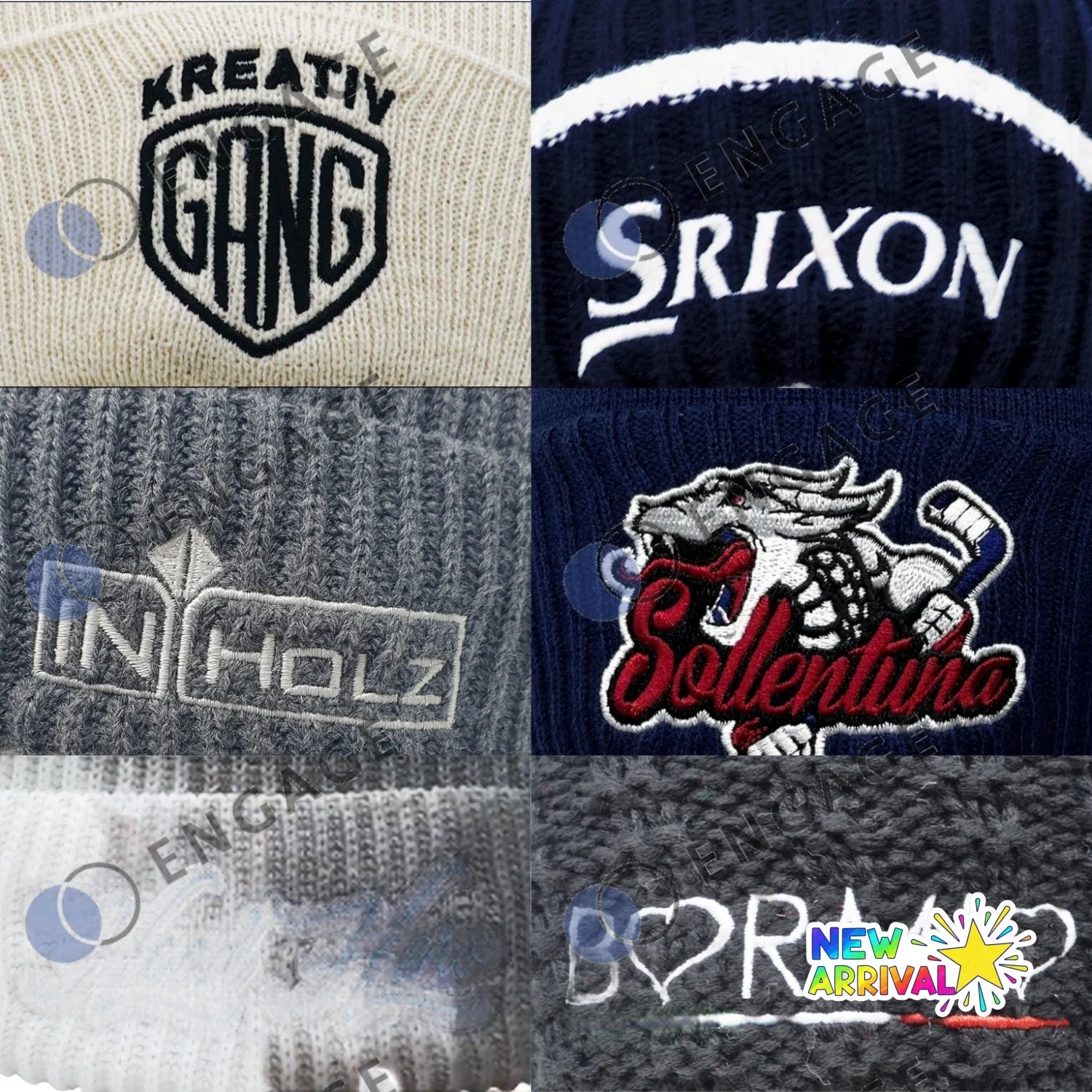 White knit beanie with Kreativ Gang logo and black text on cream background
