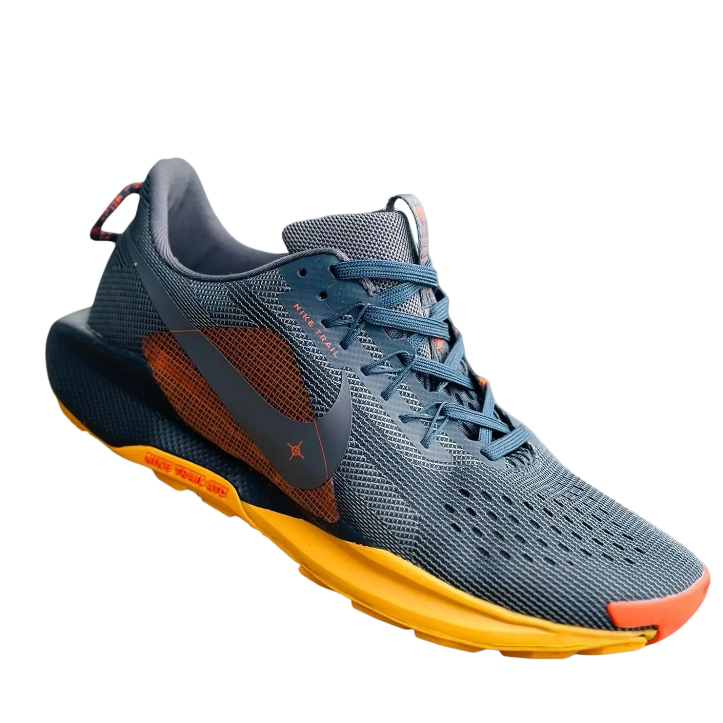 Gray and orange nike trail running shoe with mesh upper black midsole accents and yellow outsole for sports fitness