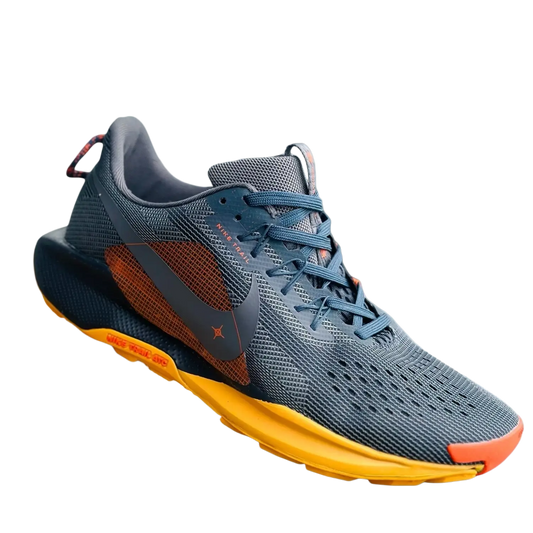 Gray and orange nike trail running shoe with mesh upper black midsole accents and yellow outsole for sports fitness