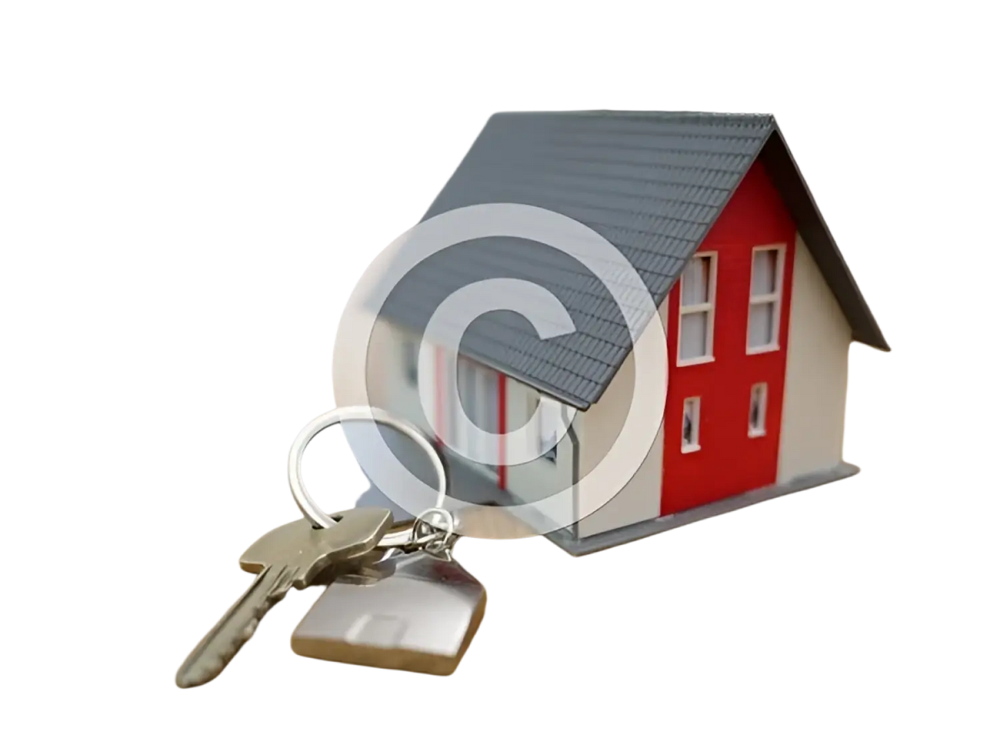 A miniature red and white house model with gray roof and silver keys on wood surface for logo remove test easy