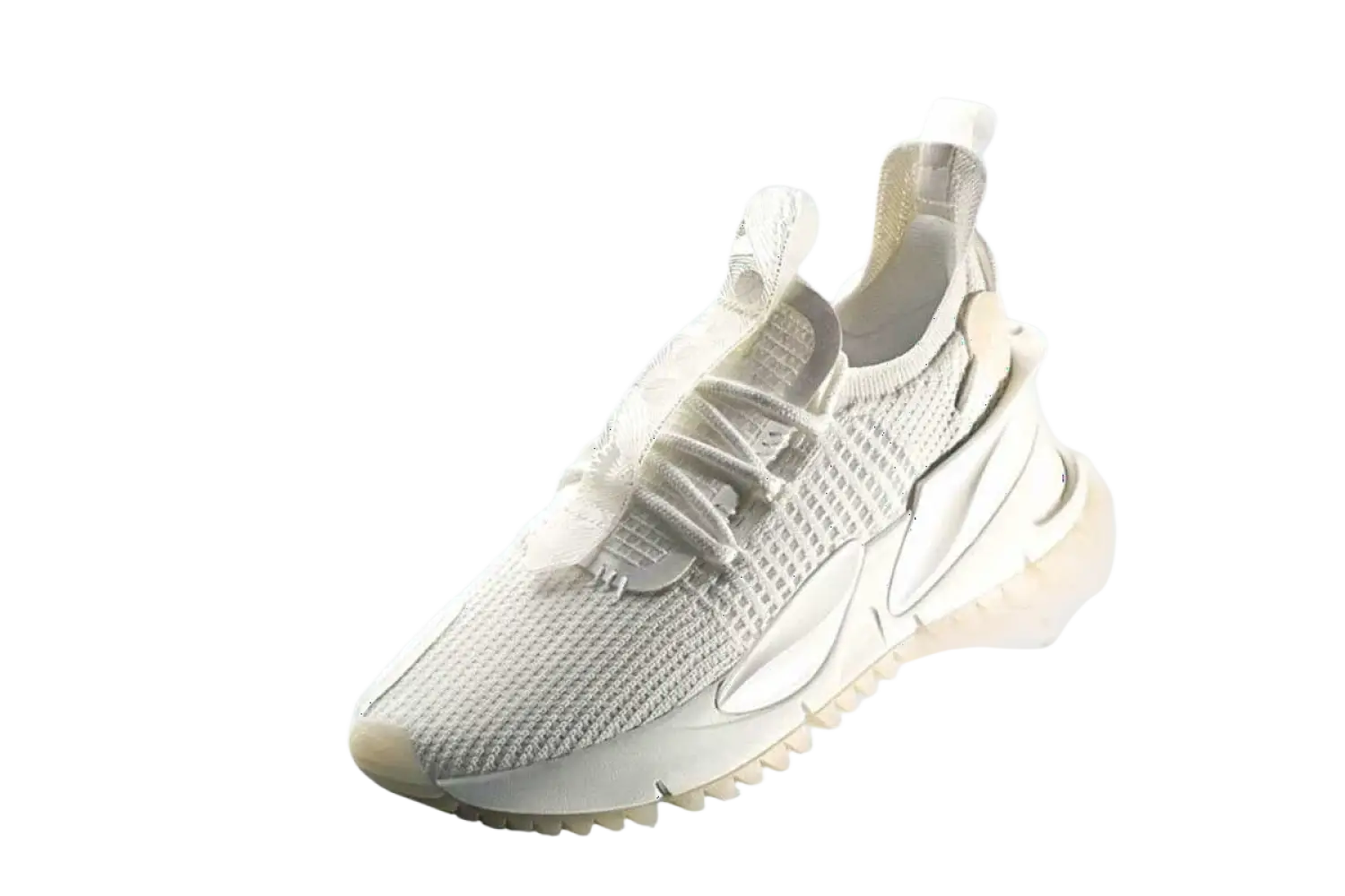White knit sneaker with chunky textured sole and laces perfect for sports and fitness with smart gadgets integration
