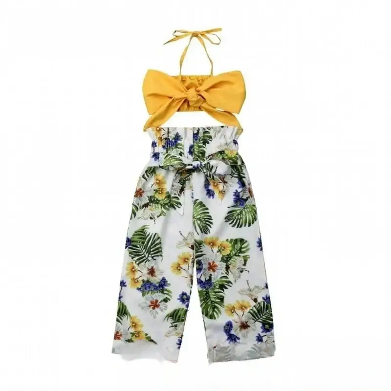 Mayeli 001 yellow bow halter top with floral print pants set