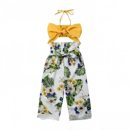 Mayeli 001 yellow bow halter top with floral print pants set