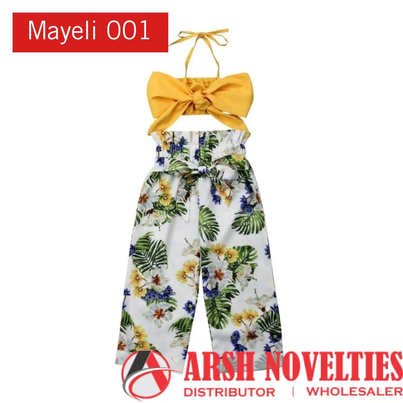 Mayeli 001 two-piece children’s outfit with yellow bow-front halter top and floral capri pants