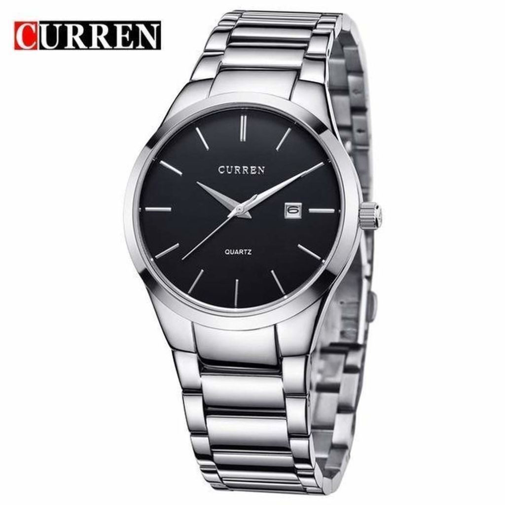 Silver stainless steel Curren wristwatch with black dial and date window on transparent PNG