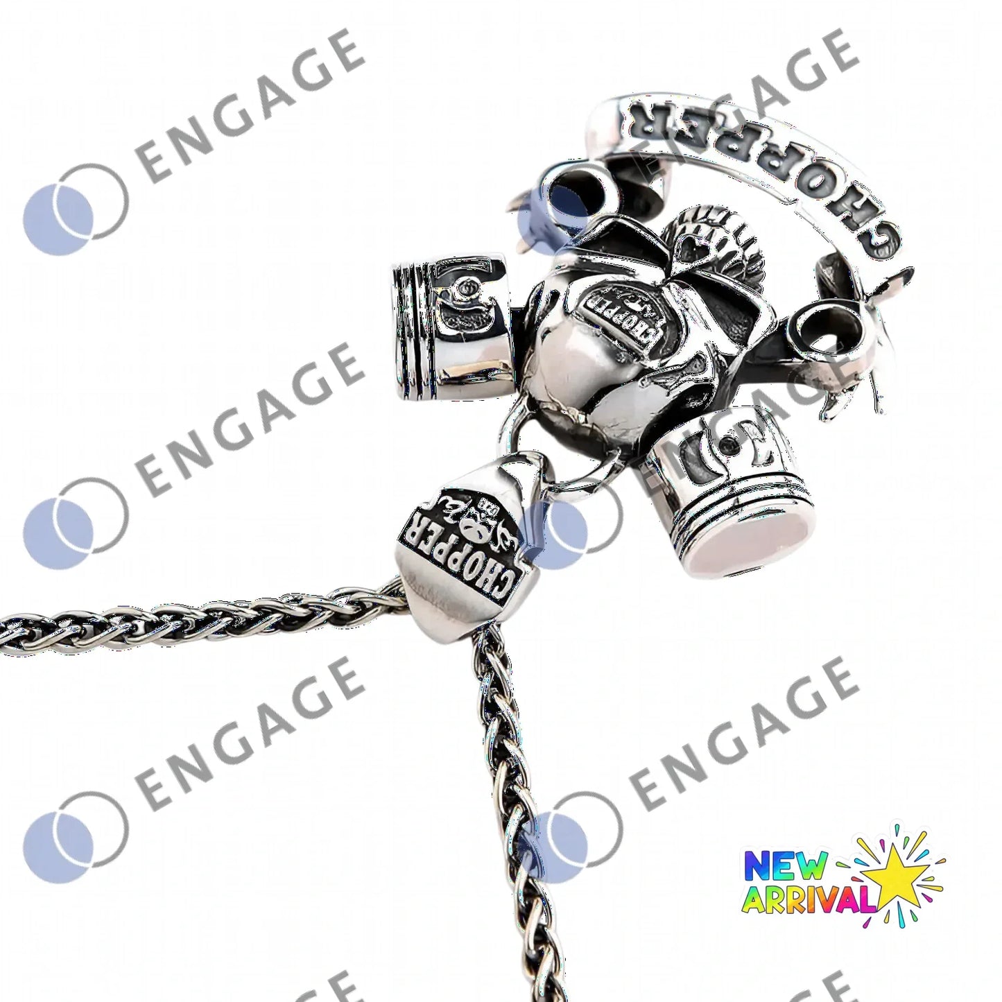 Silver skull charm bracelet with piston accents and chopper text