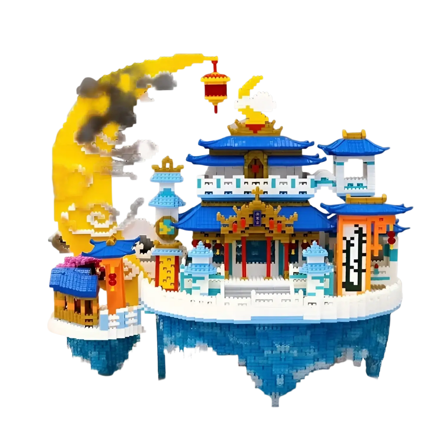 Blue and white traditional Chinese building model with golden accents for sale and buy