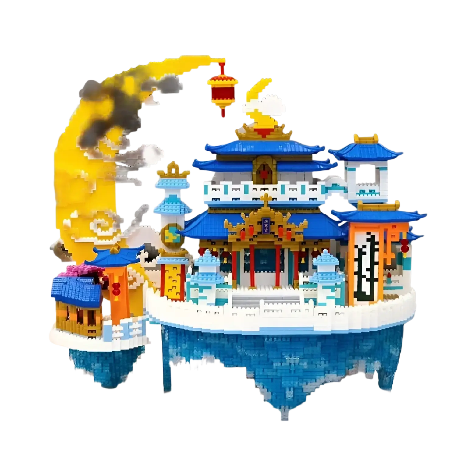 Blue and white traditional Chinese building model with golden accents for sale and buy