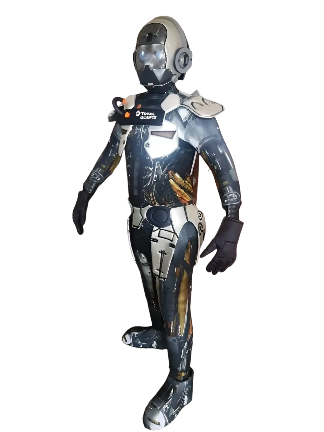 Futuristic silver and black space suit with white accents made of synthetic materials