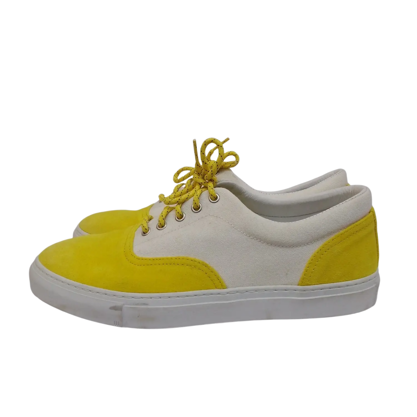 Yellow and white canvas sneakers with lace-up design for sale and purchase
