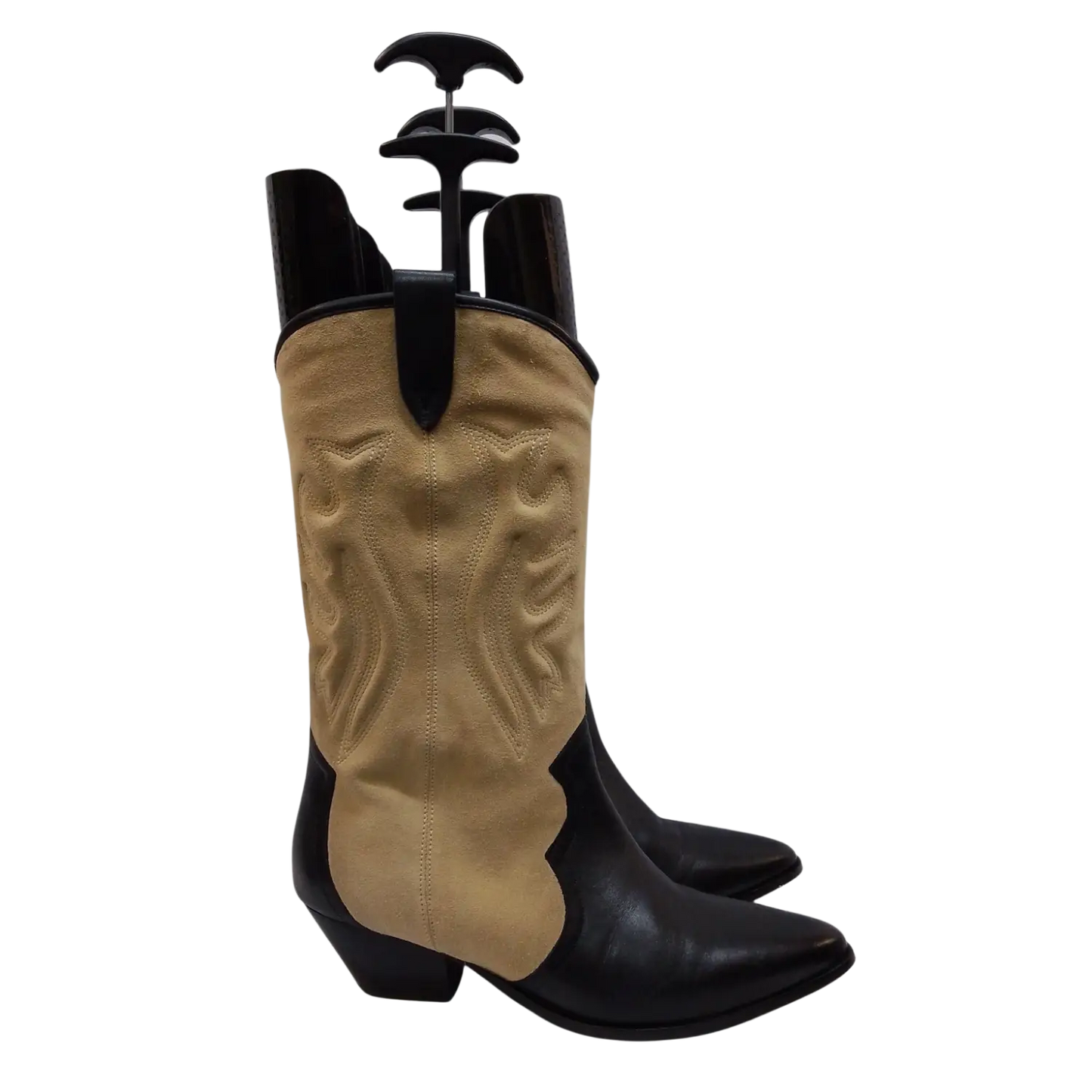 Cowboy boot organizer with black handles and tan leather design for sale