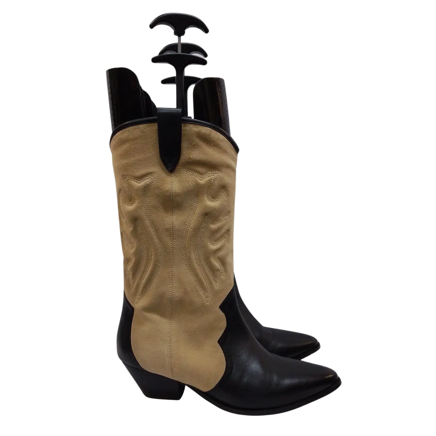 Cowboy boot organizer with black handles and tan leather design for sale
