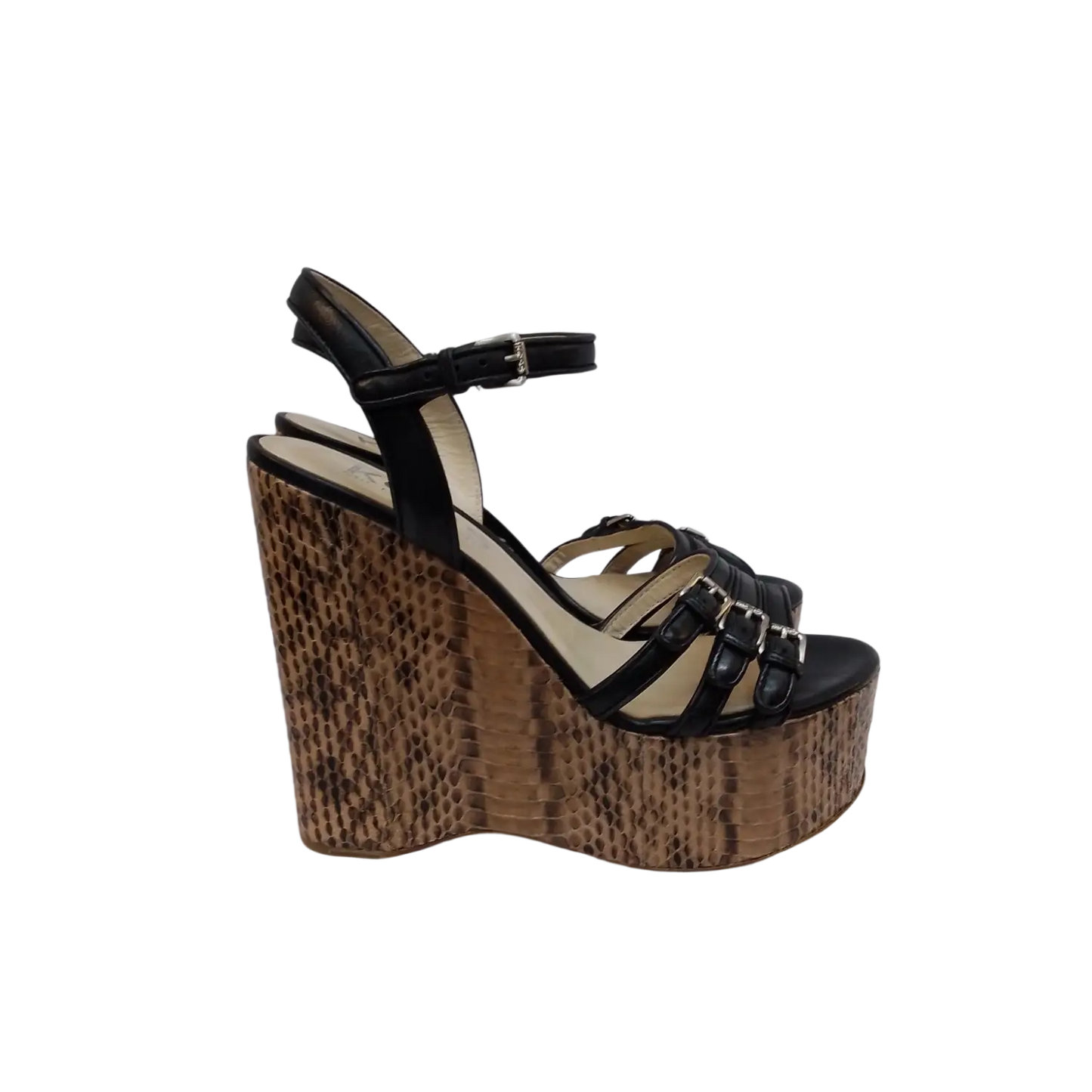Snake skin wedge sandal with black straps, buckle, and brown platform heel for sale