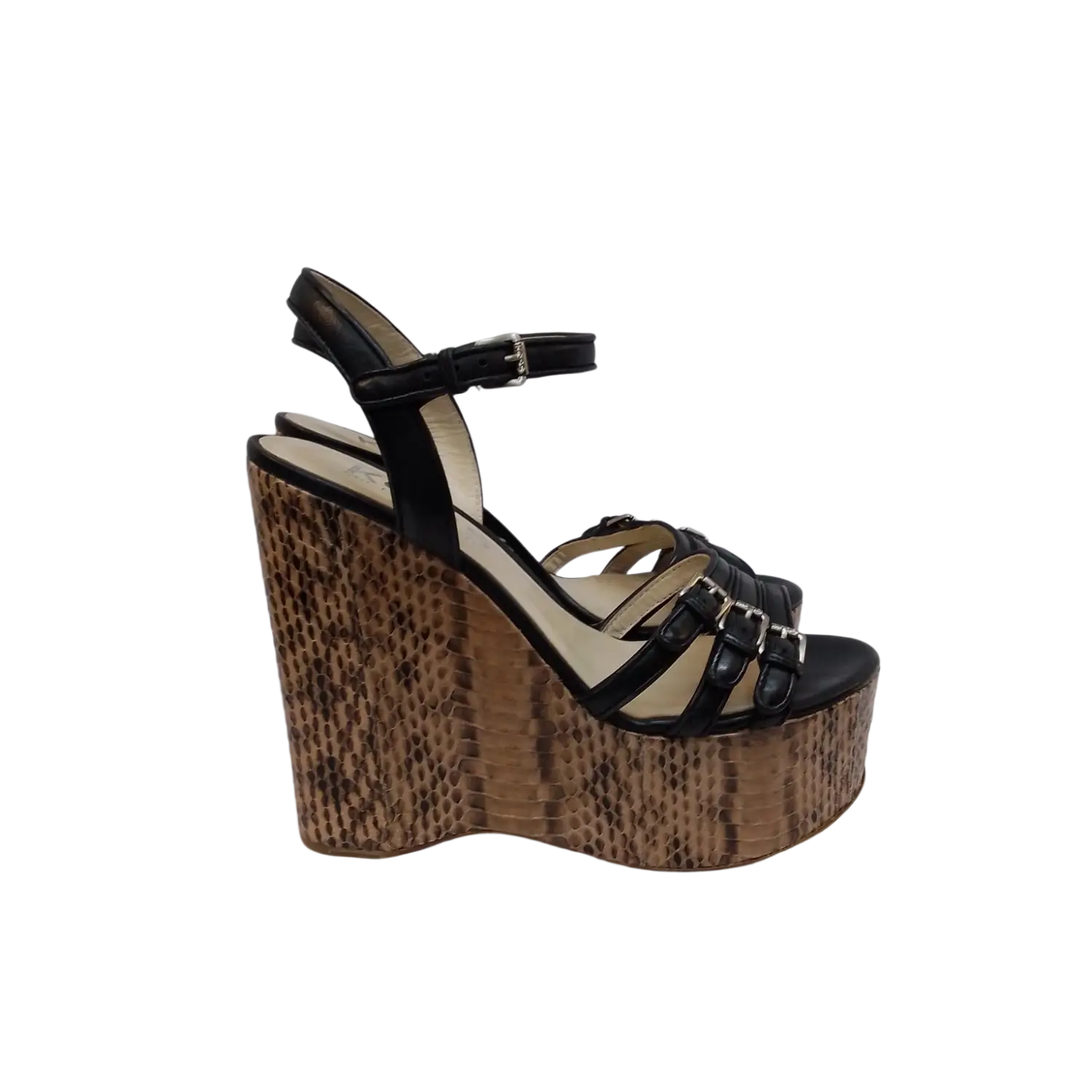 Snake skin wedge sandal with black straps, buckle, and brown platform heel for sale