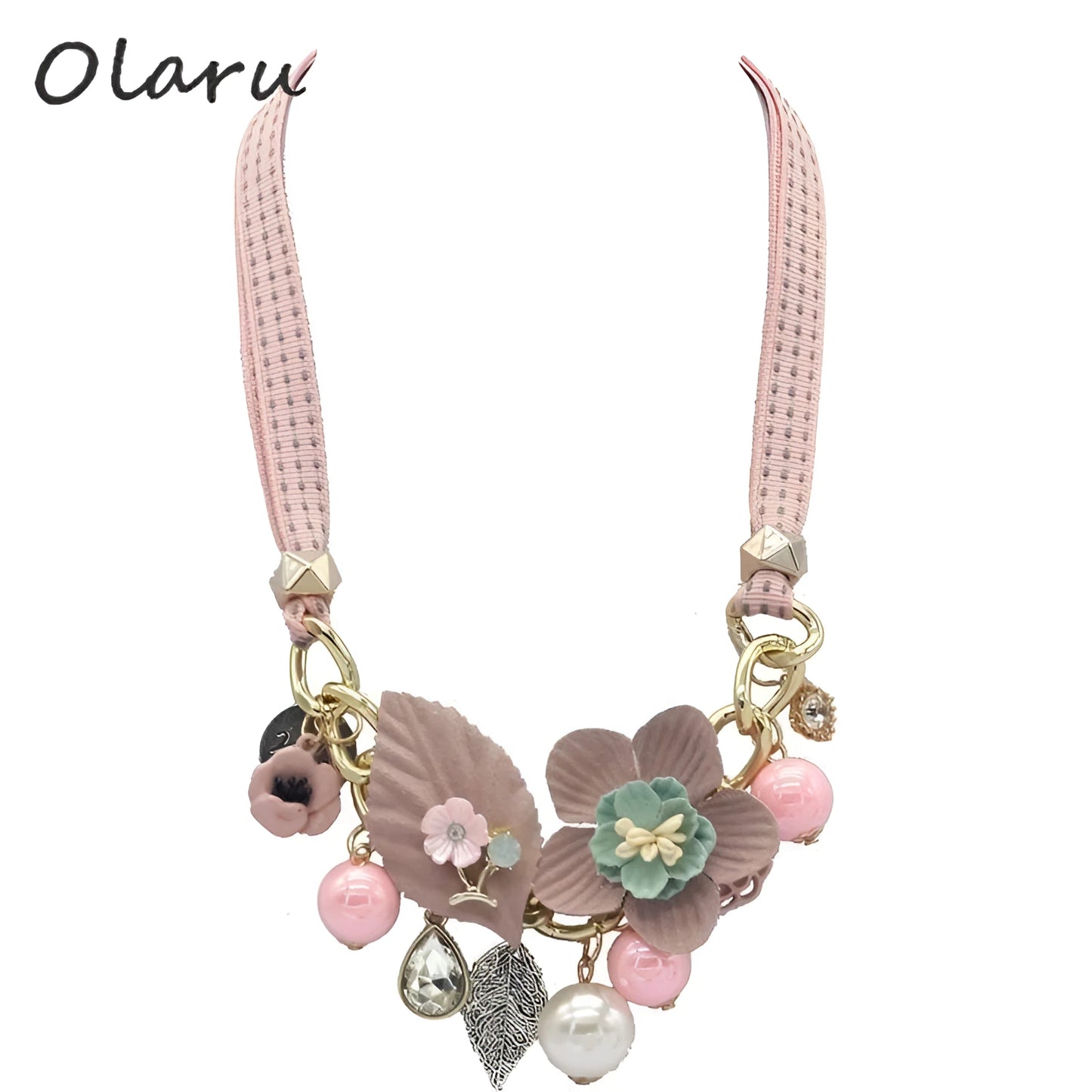 Swaps 4 delicate pink woven strap necklace with pastel floral charms, pearls