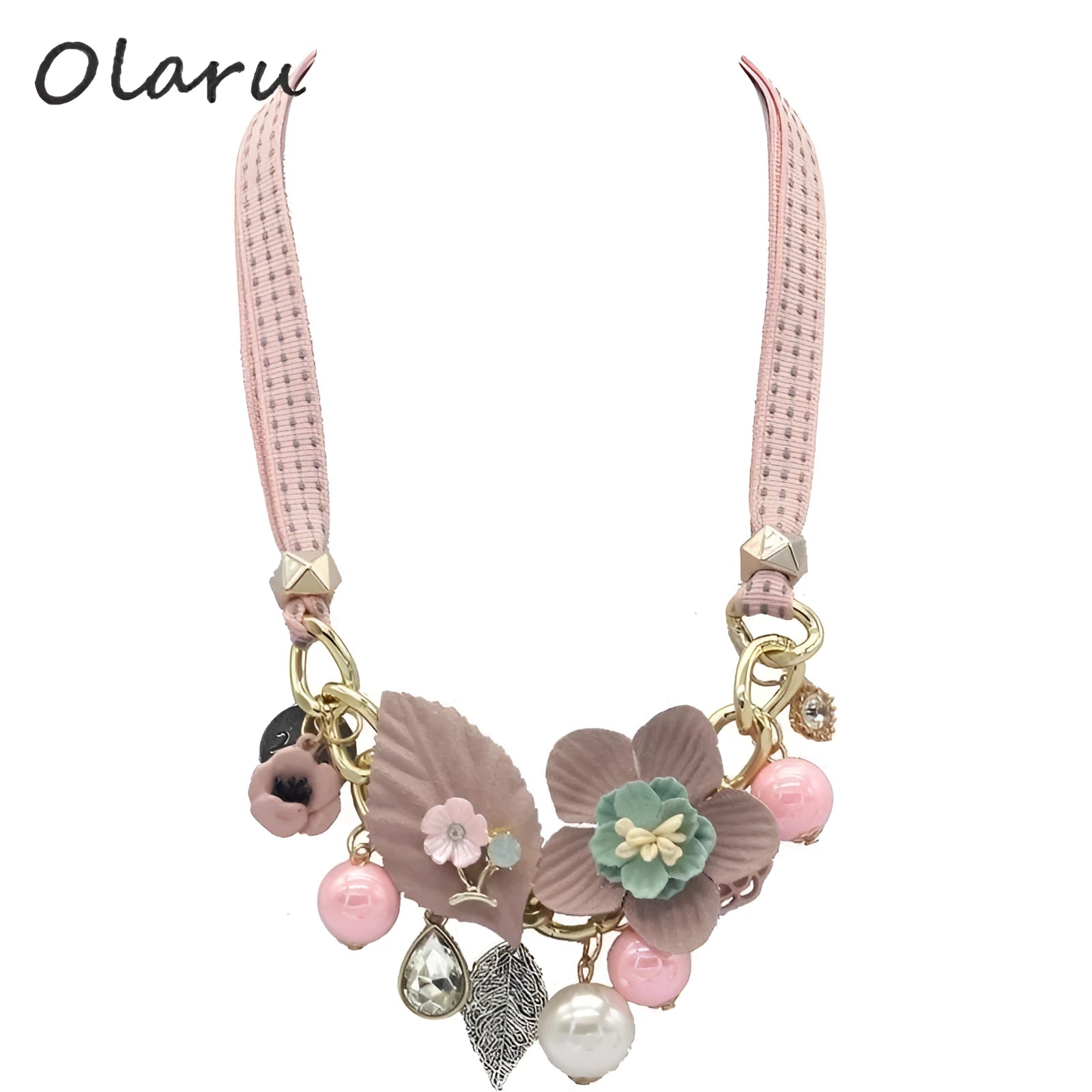 Swaps 4 delicate pink woven strap necklace with pastel floral charms, pearls