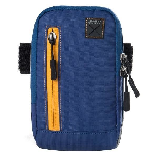 Blue and yellow arm pouch with zipper closure and adjustable strap for Test BG Photos