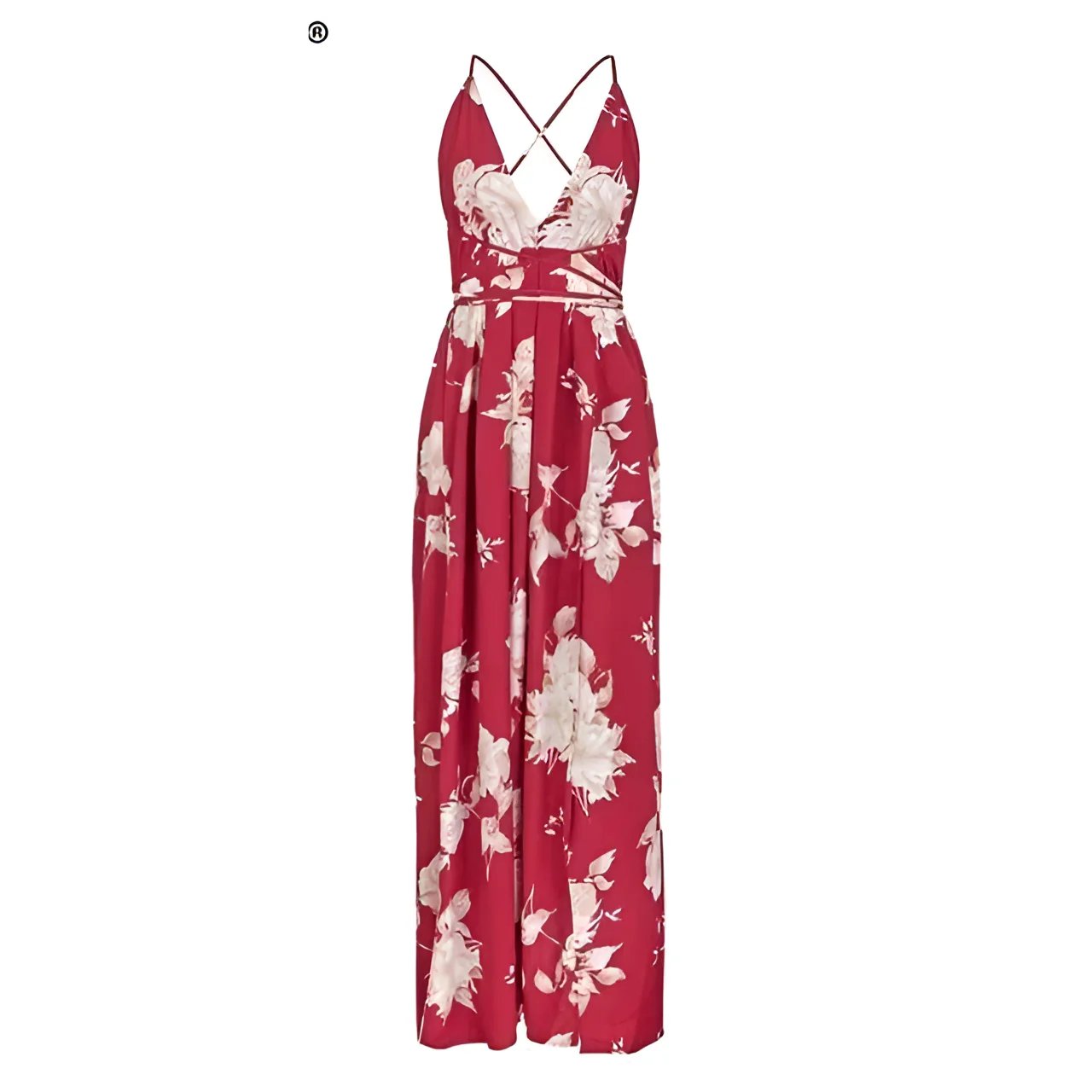 Red floral jumpsuit with criss-cross straps and wide-leg pants paired with a White Diamond Hat