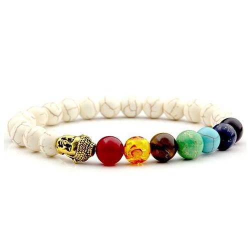 Chakra stone bracelet with white Howlite beads and gold skull accents on Test BG Photos