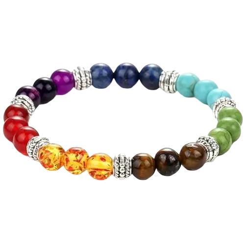 A colorful chakra bracelet featuring seven distinct gemstone beads in a rainbow sequence, separated by silver-toned metallic spacers