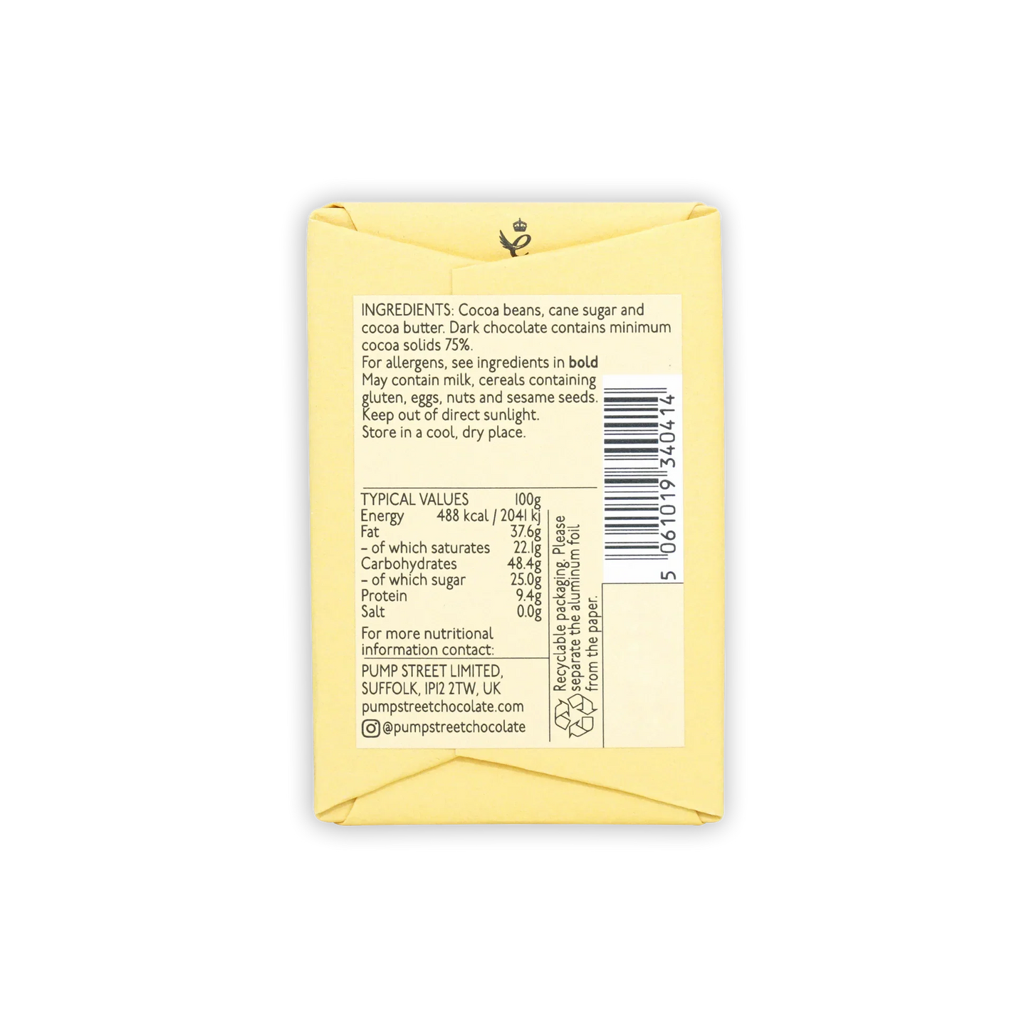 Back of a pale yellow pump street mini chocolate bar wrapper with crown logo nutritional info and barcode visible