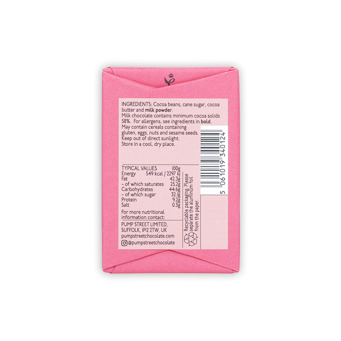 Pink rectangular Pump Street mini bars wrapper showing the back with ingredients and nutritional info label