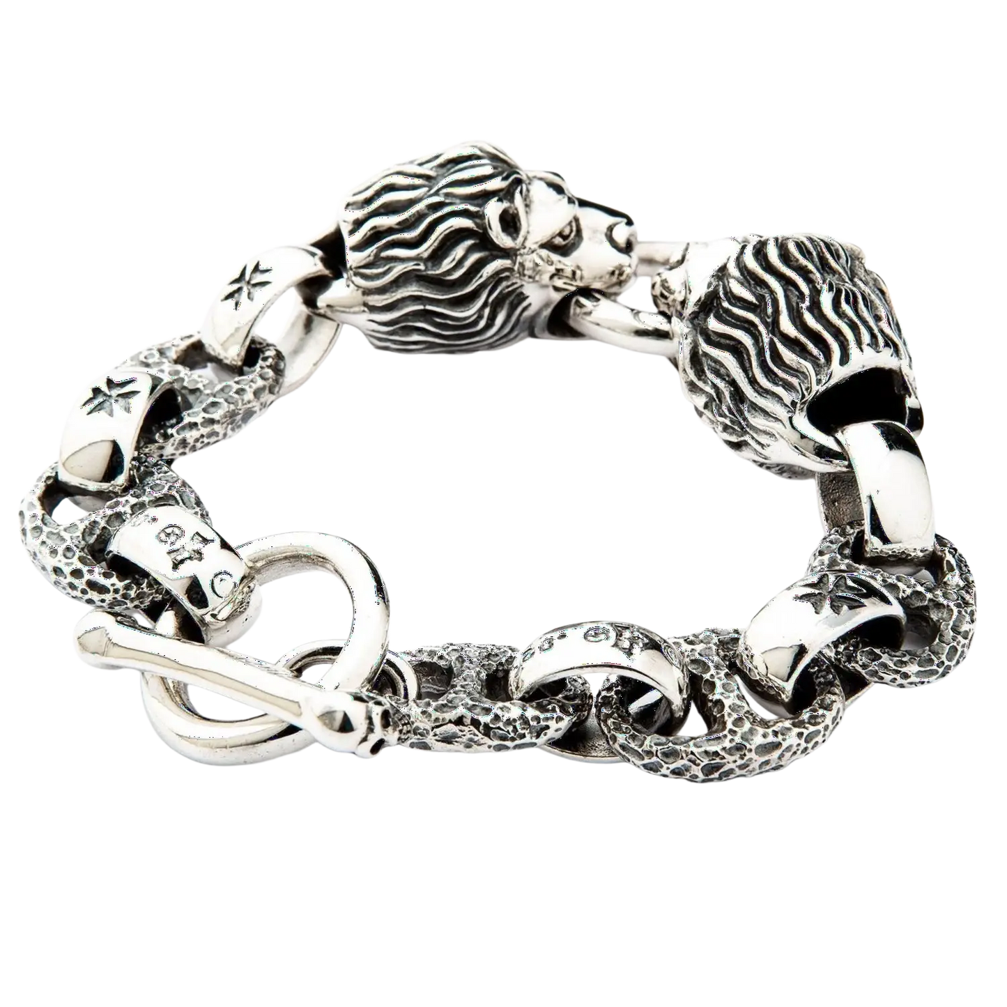 Silver lion head bracelet with intricate details and toggle clasp featured in remove bg test for sports and smart gadgets fans