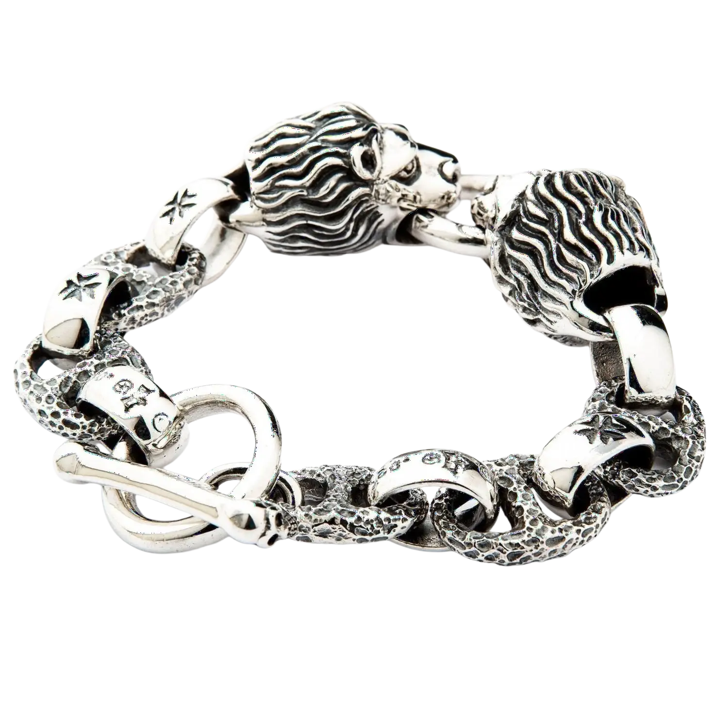 Silver lion head bracelet with intricate details and toggle clasp featured in remove bg test for sports and smart gadgets fans