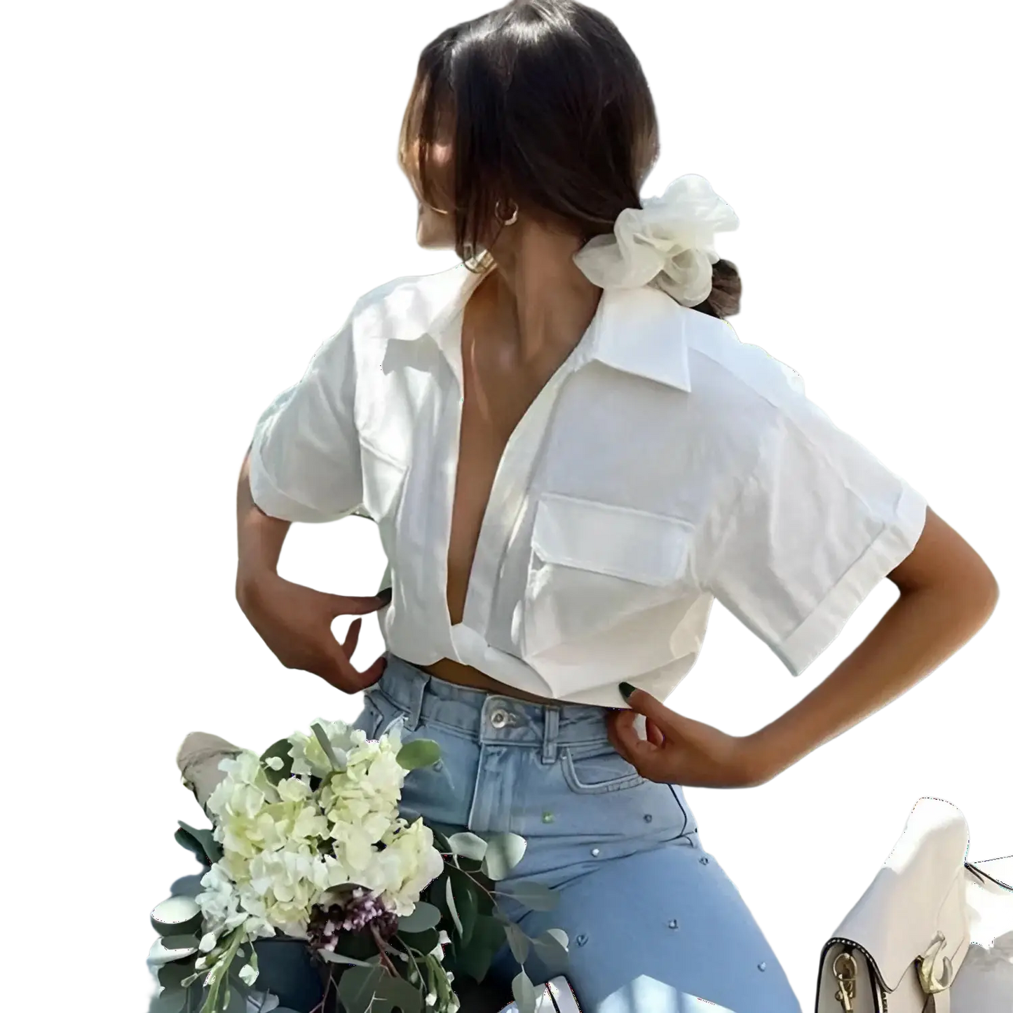 White bow hair accessory with pearl embellishments perfect for remove bg test and sports or fitness looks