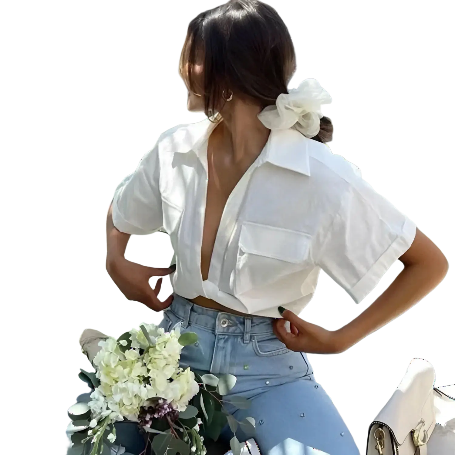 White bow hair accessory with pearl embellishments perfect for remove bg test and sports or fitness looks