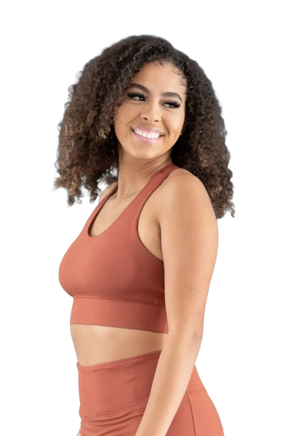 Terracotta sports bra and leggings set with racerback design made of stretchy fabric for fitness remove bg test