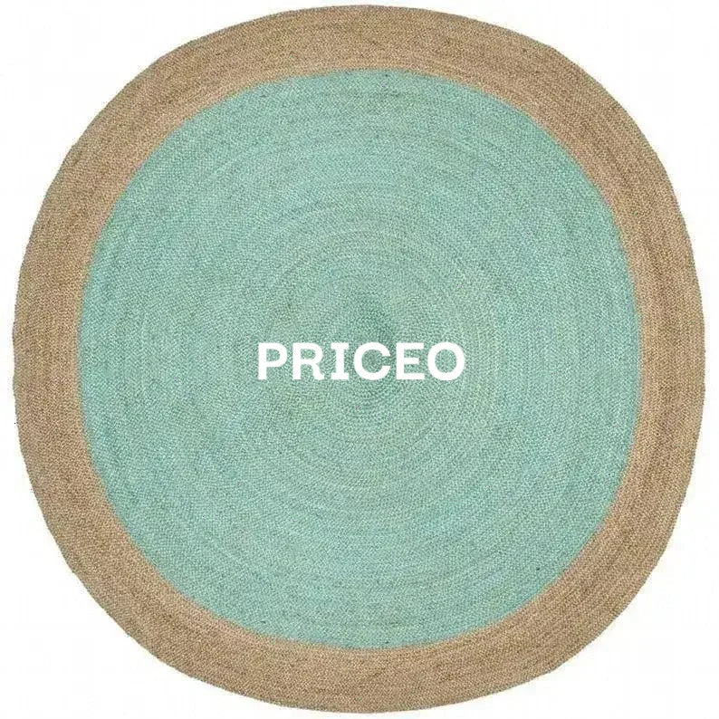 Circular woven rug upscale test with a teal center and natural beige fringe perfect for stylish home decor