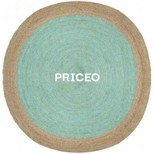 Circular woven rug upscale test with a teal center and natural beige fringe perfect for stylish home decor