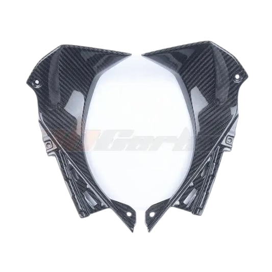Black carbon fiber motorcycle fairing with glossy finish and angular aerodynamic design sample wmk remove product