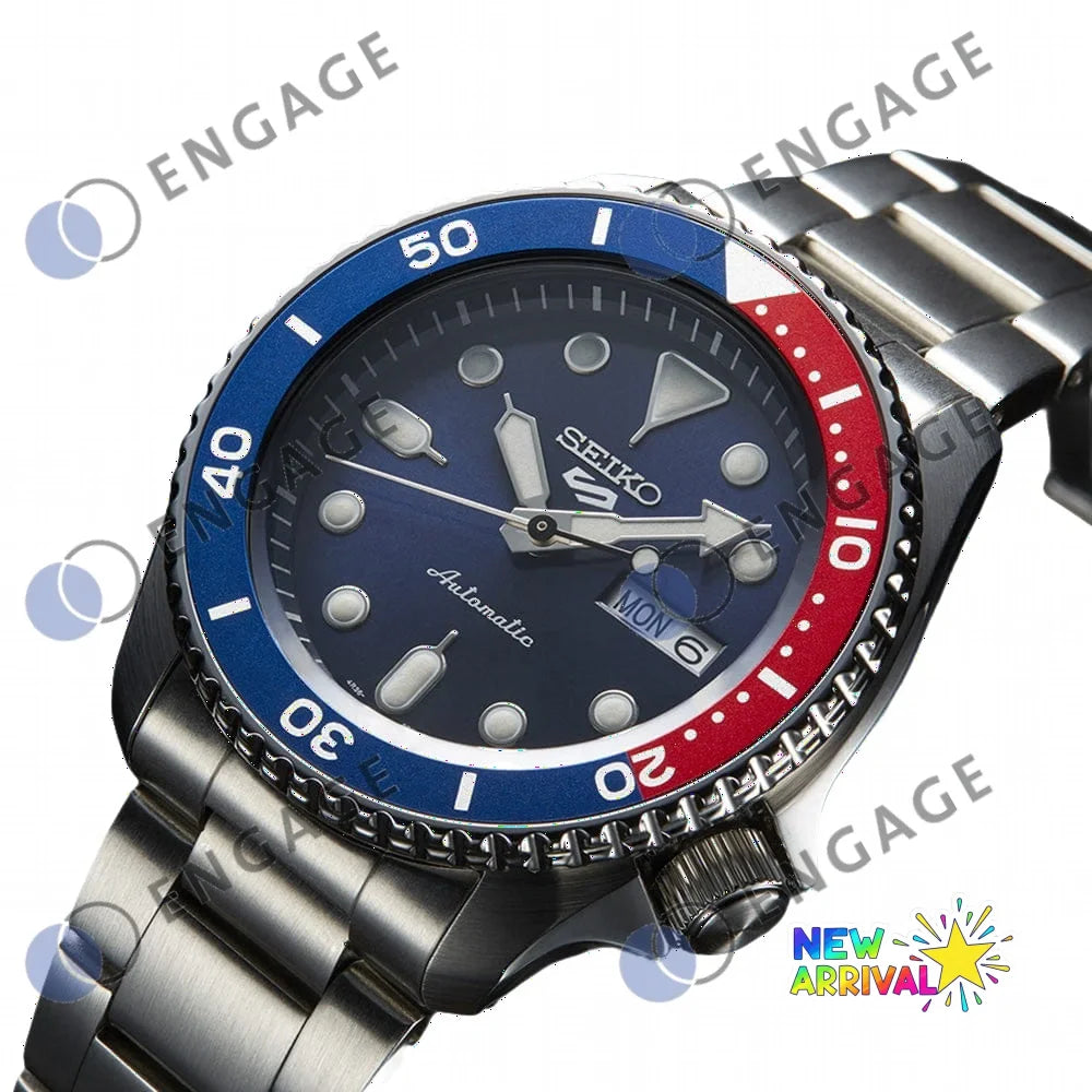 Seiko srpd53 watch with a blue dial and red bezel featuring a stainless steel case and sporty design