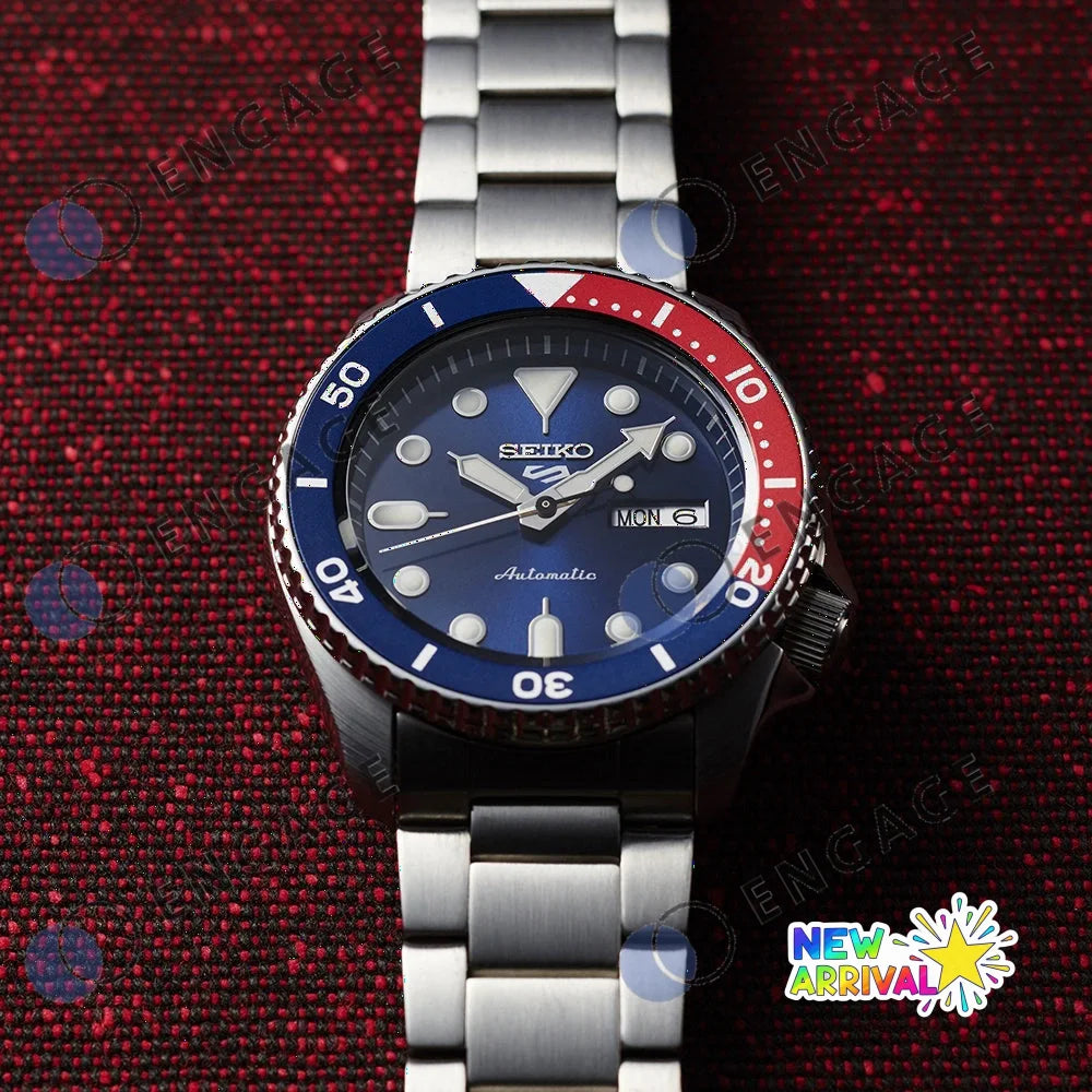 Seiko 5 automatic dive watch srpd53 with blue dial red and blue bezel and stainless steel bracelet