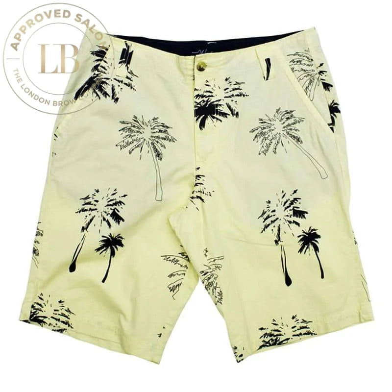 Yellow palm tree print shorts with bow tie logo for enhanced SEO images and traffic