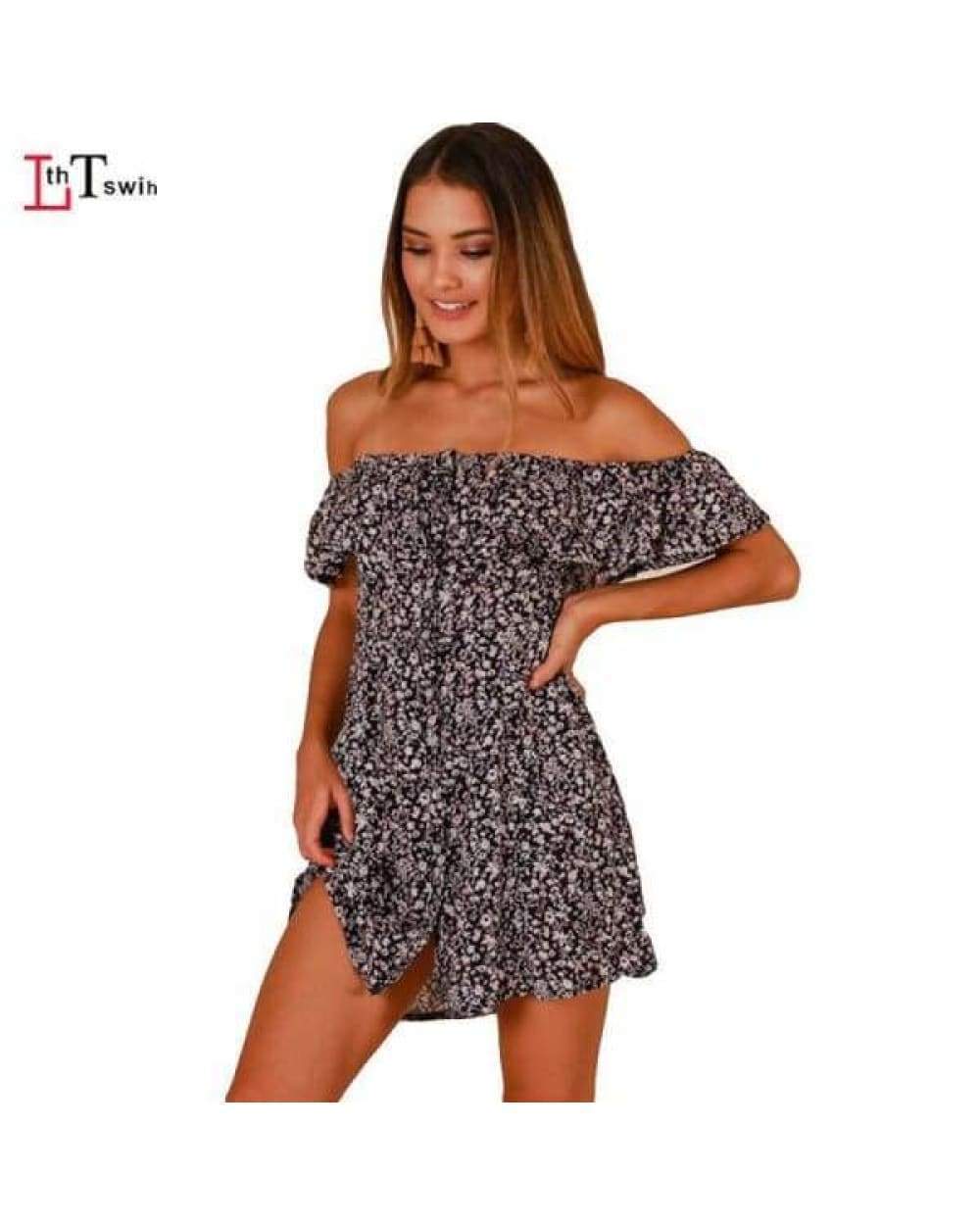 Off-the-shoulder floral print mini dress with ruffled sleeves in black and white