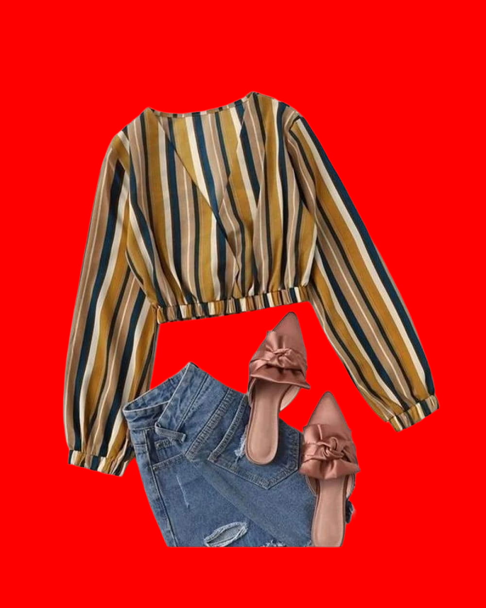 Striped blouse with balloon sleeves and tie waist in mustard yellow, navy blue, and white