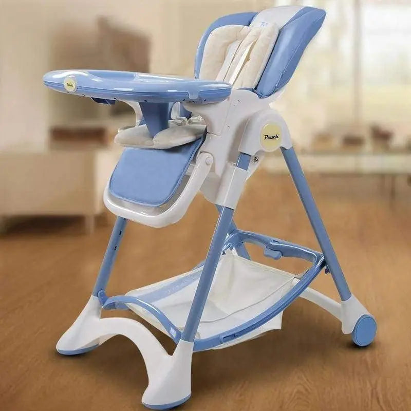Blue and white high chair with adjustable tray wheels and safety harness by Pouch