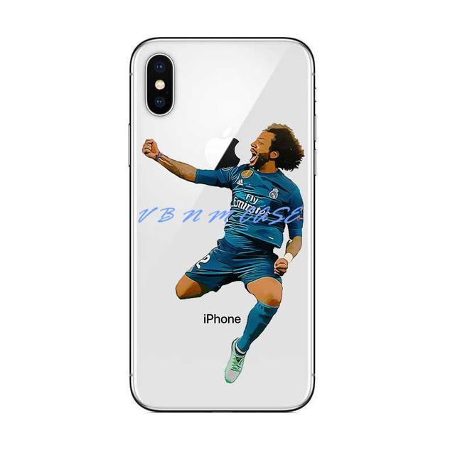 Iphone XS Max phone case with transparent back and blue soccer player graphic