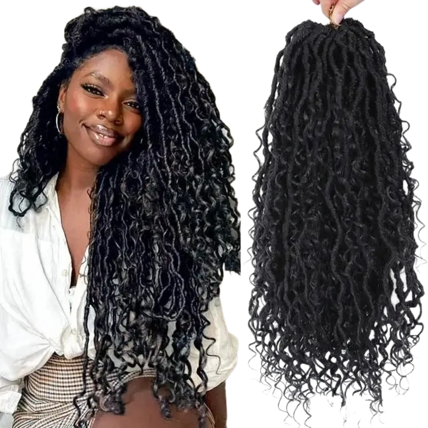 Black, voluminous, curly dreadlock extensions with a natural-looking texture and glossy finish