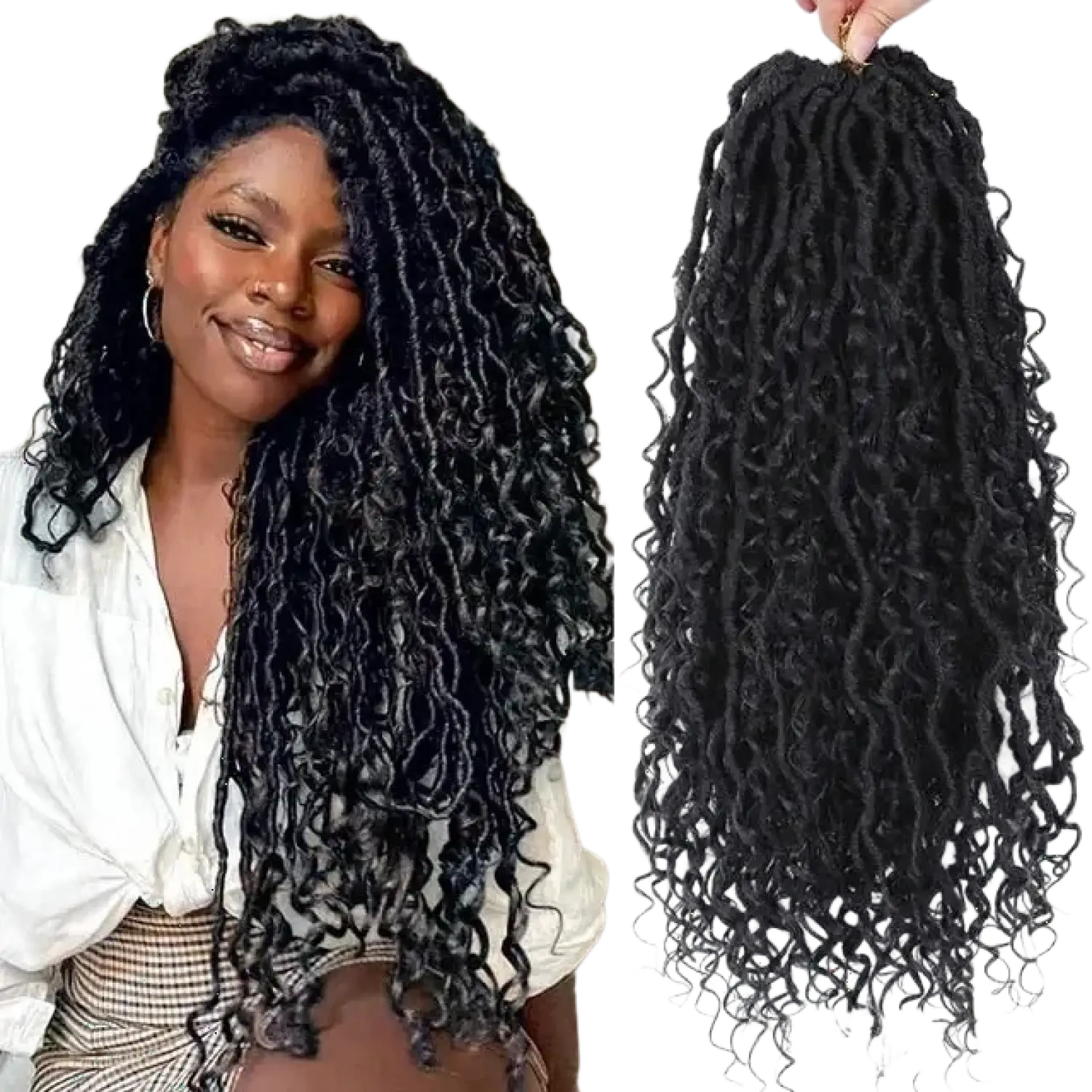 Black, voluminous, curly dreadlock extensions with a natural-looking texture and glossy finish