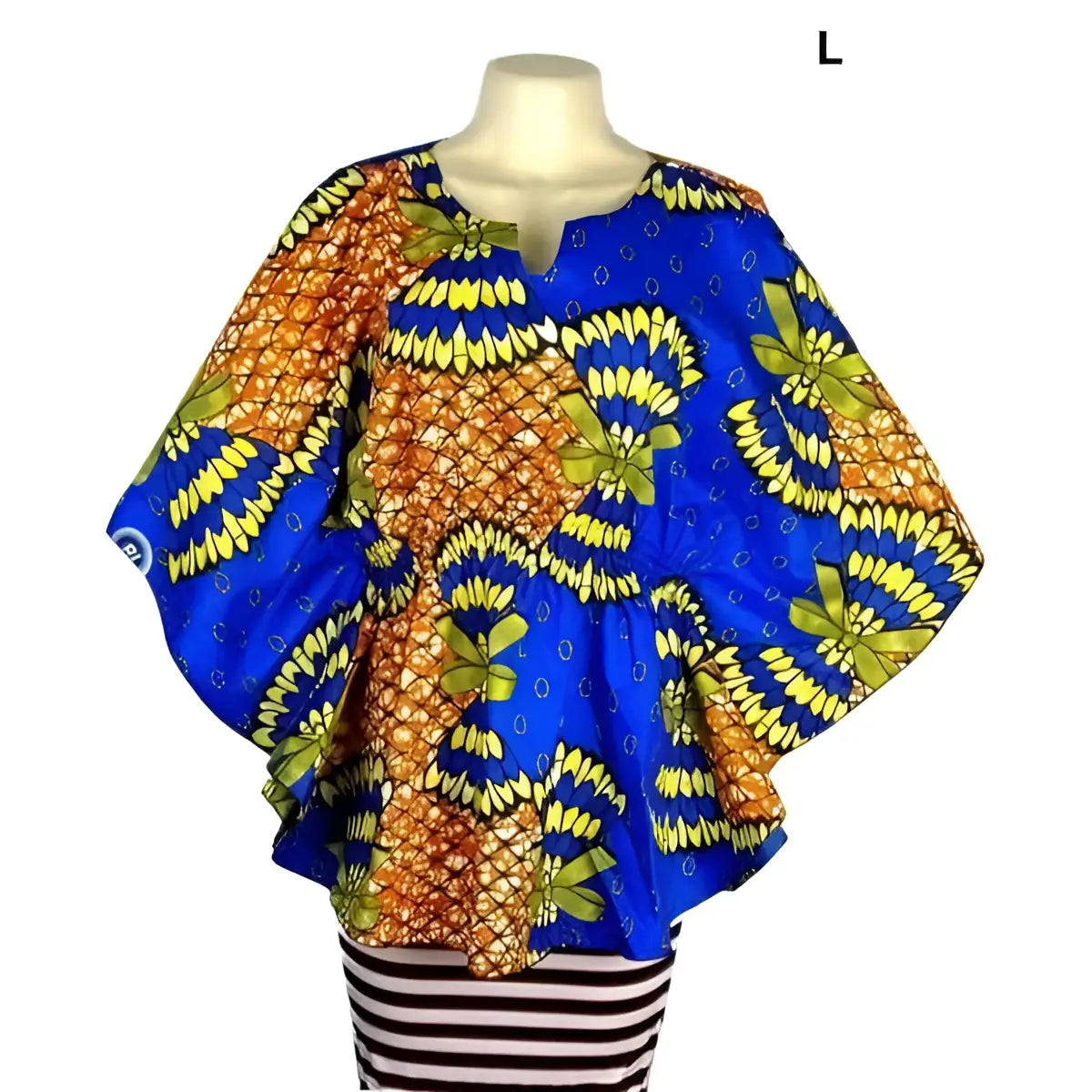 Vibrant blue, orange, yellow African print top with wide sleeves