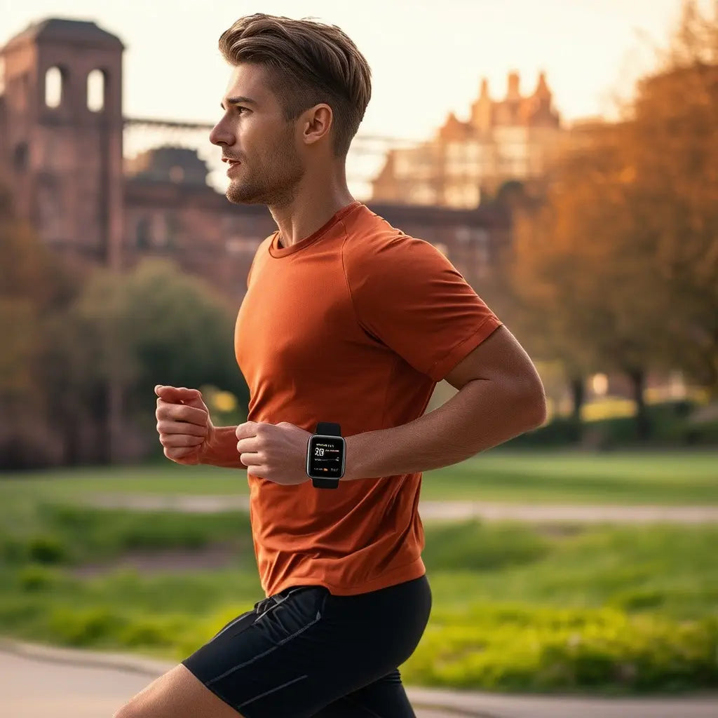 Man running with smartwatch demonstrating advanced heart rate monitoring on Fittrack Pro for hipster fitness enthusiasts
