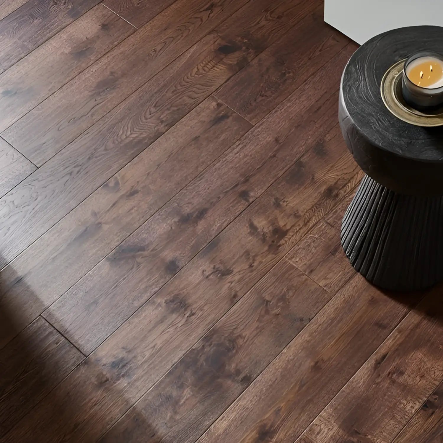 Dark brown hardwood floor tile with natural wood grain and imperfections from upscale test tiles perfect for sports areas