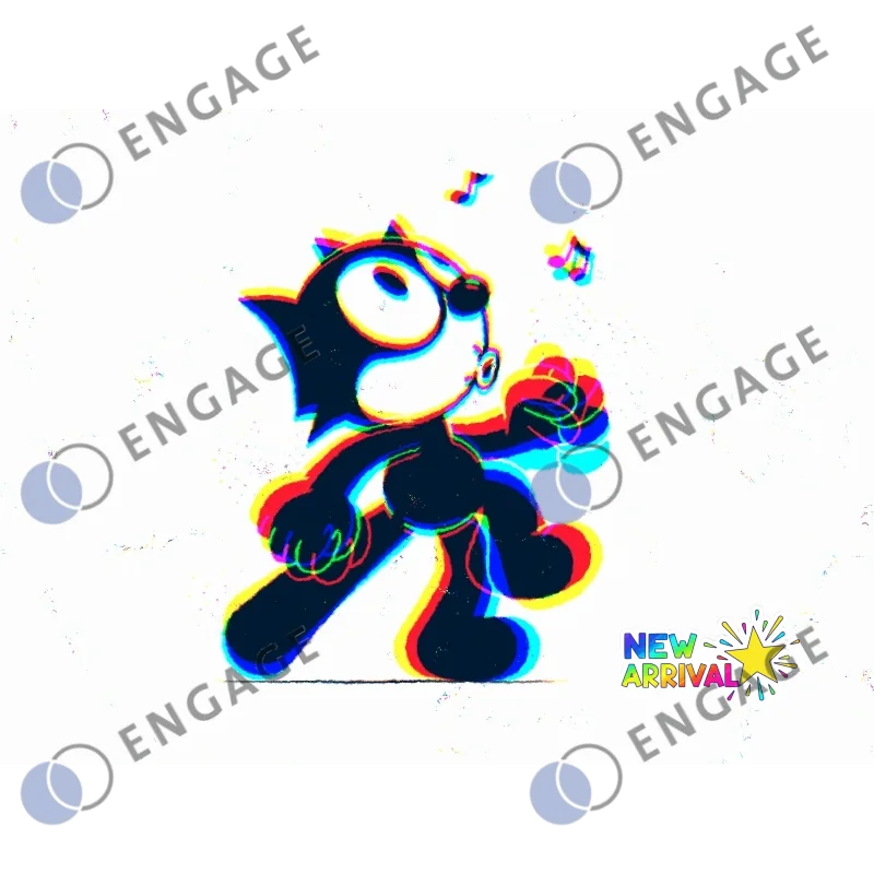 Black cartoon cat with bold white eyes and colorful outlines dancing joyfully in a watermark gif test gif test