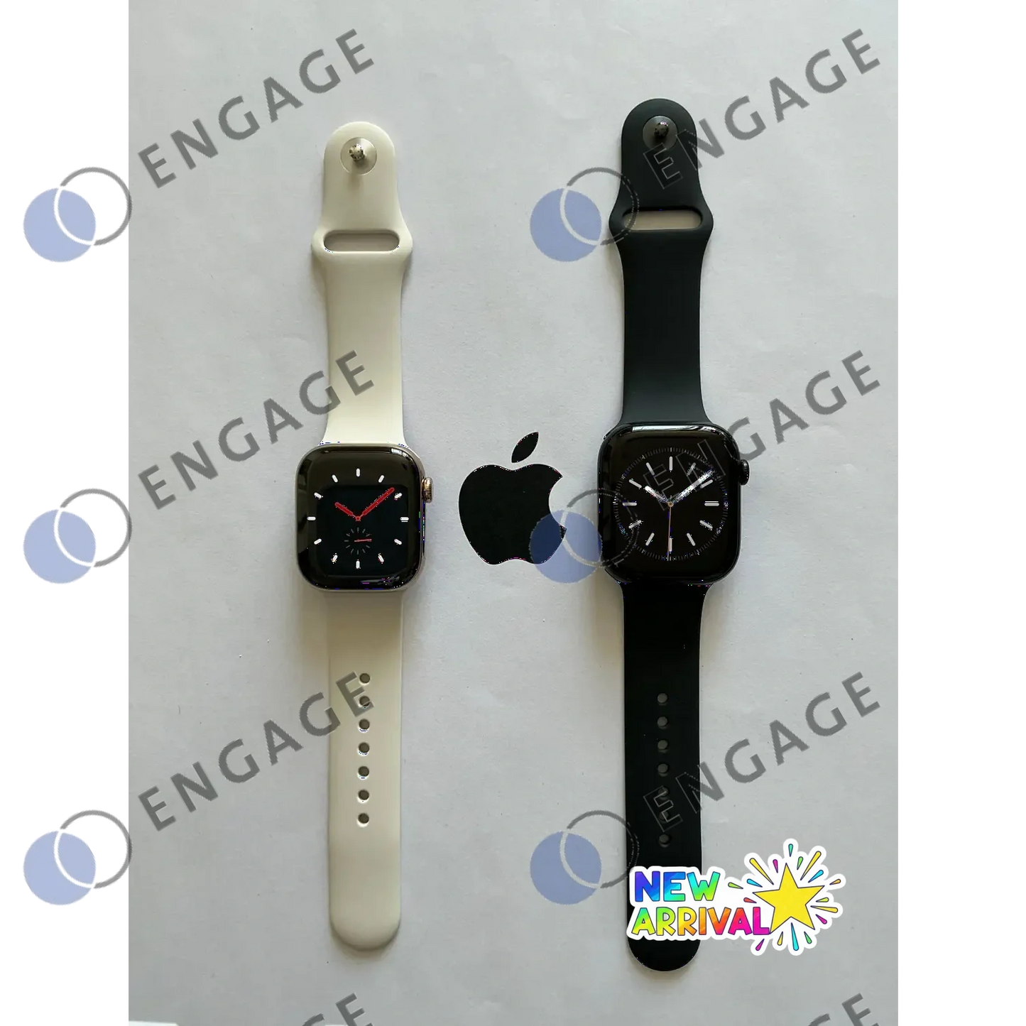Two apple watch models with white and black silicone bands shown in a watermark gif test product image