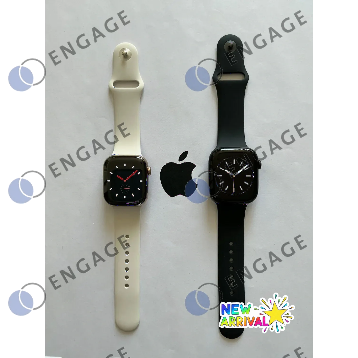 Two apple watch models with white and black silicone bands shown in a watermark gif test product image